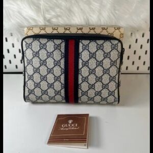 Vintage Gucci Blue GG Canvas Pouch with Red Web Stripe